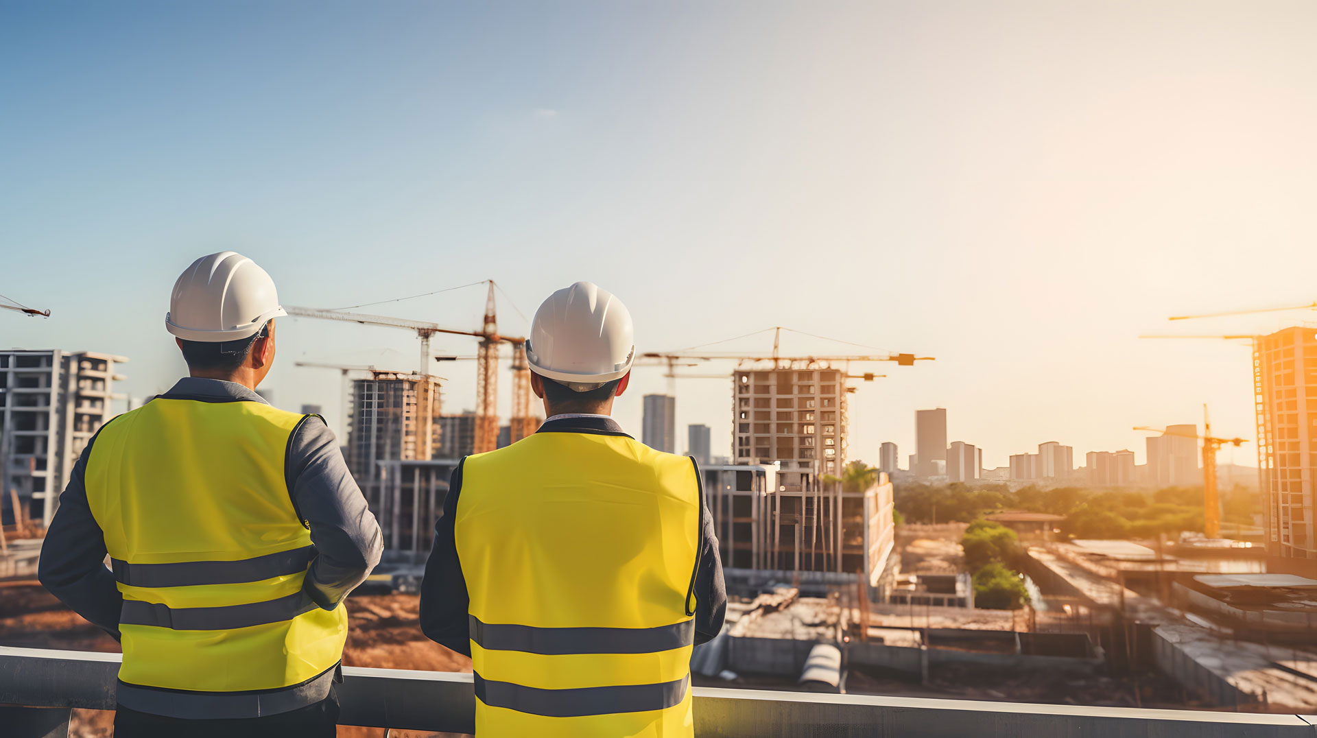 Zwei Bauarbeiter in Sicherheitswesten und Helmen beobachten eine Baustelle mit mehreren Kranen.