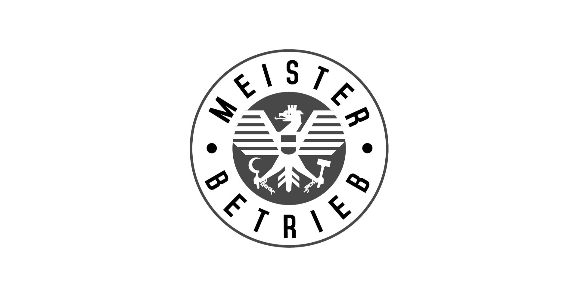 Schwarz-weißes Logo mit dem Text 'MEISTER BETRIEB' und einem Wappen in der Mitte.