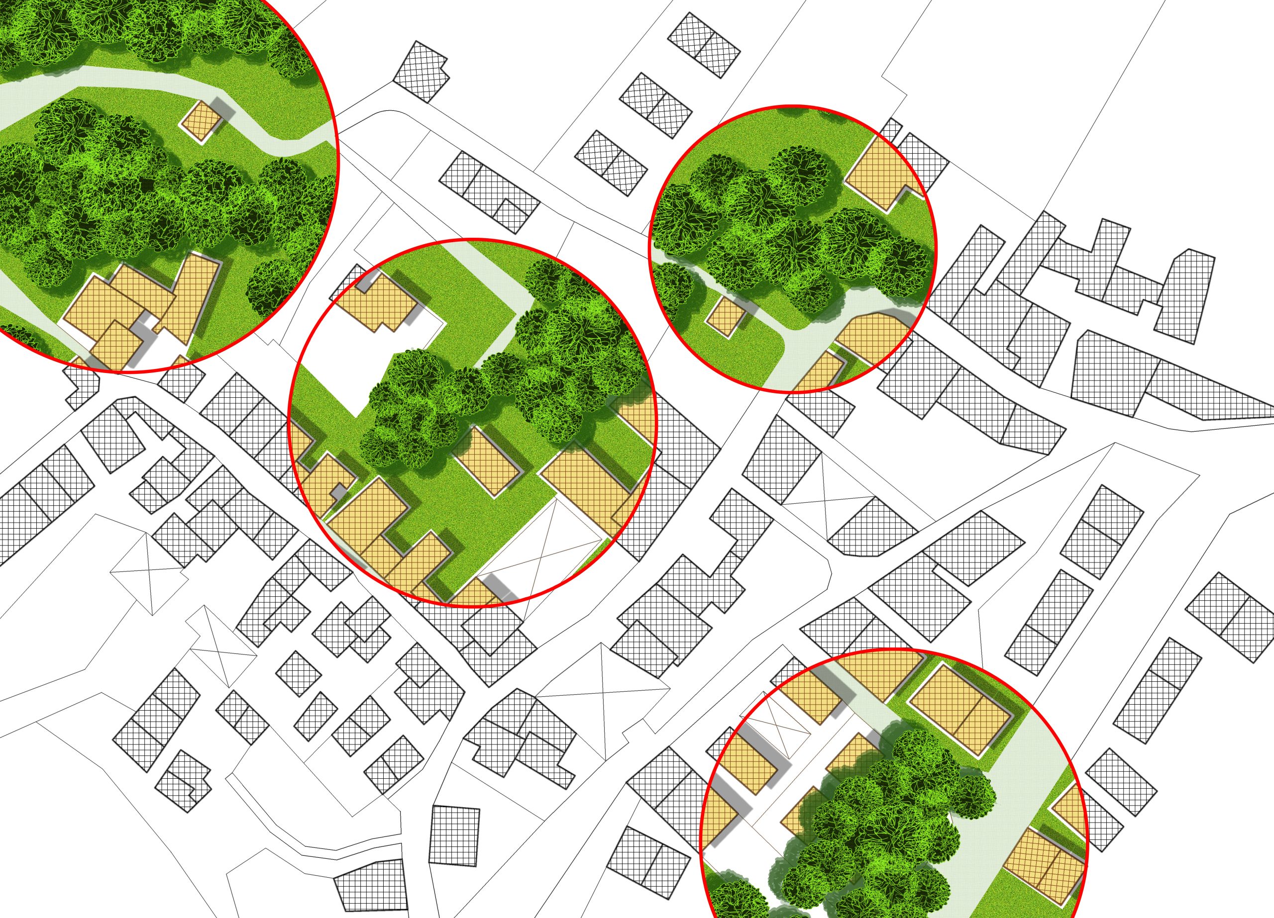 Architektonischer Stadtplan mit hervorgehobenen Grünflächen und Gebäuden in roten Kreisen. Mischung aus gezeichneter und farbiger Darstellung.