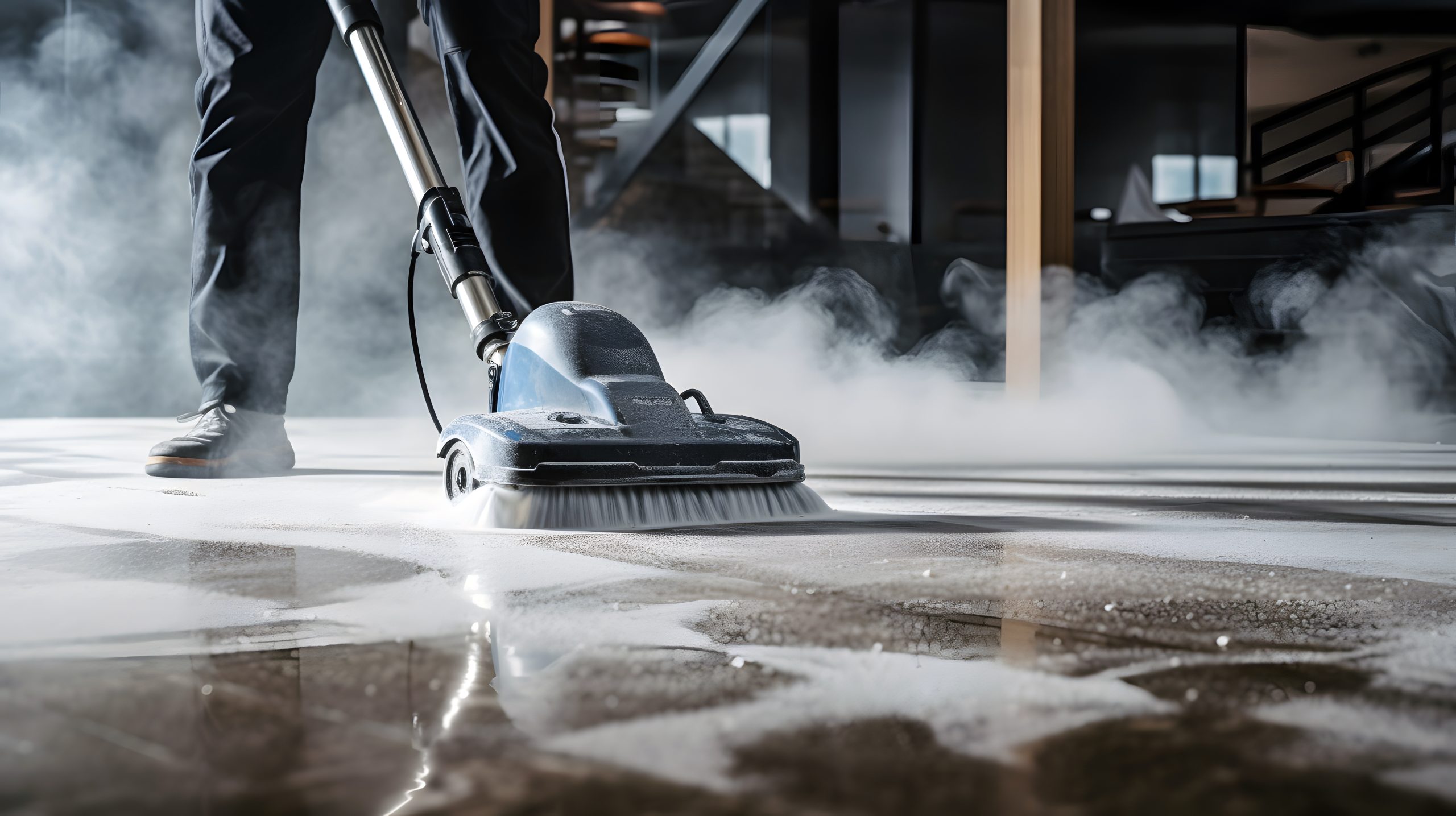 Reinigungskraft nutzt eine professionelle Dampfreinigungsmaschine, um einen Boden gründlich zu säubern. Dampf und Schaum sind sichtbar.